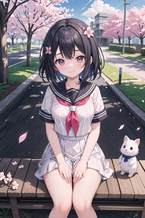 anime girl sitting on a bench with a cat and cherry blossoms