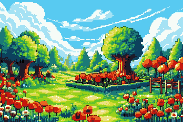 a close up of a pixel art style picture of a field of flowers