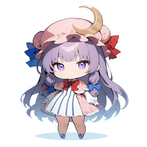 1girl,patchouli knowledge,(chibi:1.1),rating: general,full body,standing,simple background,white background,best quality,masterpiece,<lora:noline-16oa:1>,(ai-generated:0.2),<lora:patchouli_knowledge_image4909_2023-12-20:1>,crescent_hat_ornament,mob_cap,lon...