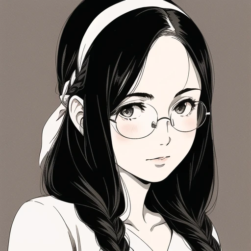 a girl,
rounded glasses,
(((middle widow's peak))),
black haired,
long straight hair,((hair bands)),plaits,
(realistic),vhs colo...