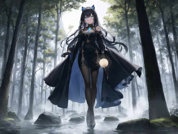 1 girl, mysterious aura, long curly black hair, intense glowing blue eyes, dark flowing gown, standing atop a large rock, holdin...