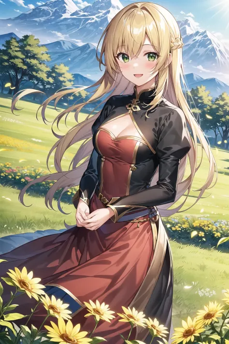 masterpiece, best quality, 1girl, (game cg), long blonde hair, green eyes, small breasts, medieval clothes, happy, large smile, ...