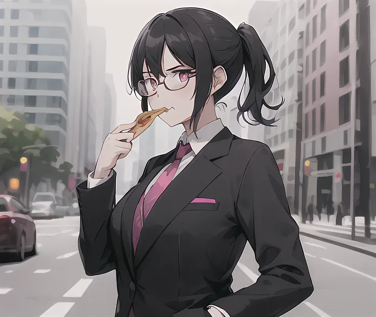 1girl, right hand holding a slice of pizza, chewing, mouthful, looking at viewer, pink tie, black pantsuits, short ponytail, black hair, black formal suit, medium breasts, glasses, pink eyes, outdoor, sun, on city