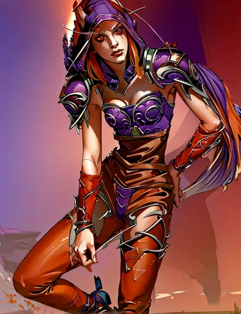 high quality master piece , Ink, detailed face, face focus, ((solo focus)), full body, dynamic pose, manga art, red glowing eyes,
1girl, sylvdark, colored skin, makeup, hood on, purple armor, cleavage, forest, casting magic, bow and arrows, <lora:TES...