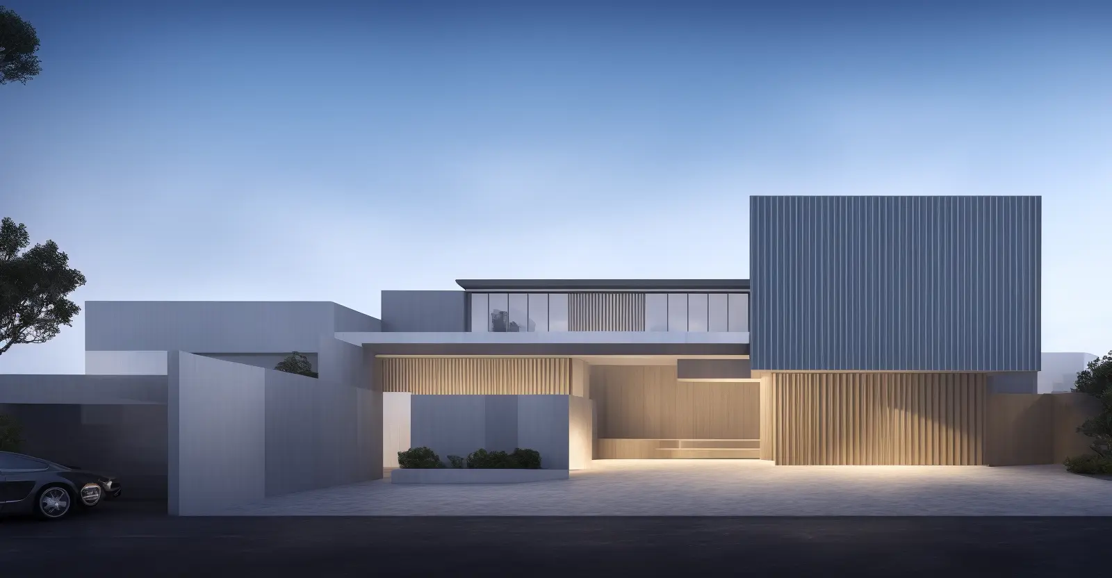 a rendering of a modern house with a car parked in front