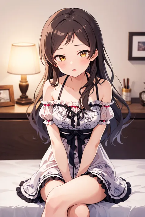 kitazawa shiho, sexy-beautiful, 1girl, solo, sitting, blush, looking at viewer, brown eyes, crossed legs, brown hair, bare shoulders, collarbone, own hands together, open mouth, blurry background, parted lips, depth of field, lamp, frills, white dress, det...