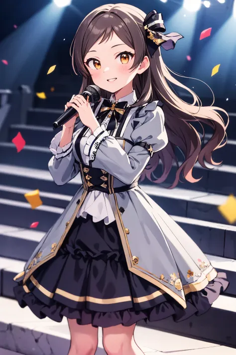 masterpiece, best quality, 
kitazawa shiho, proud-of-stage, 1girl, microphone, solo, looking at viewer, smile, holding microphon...