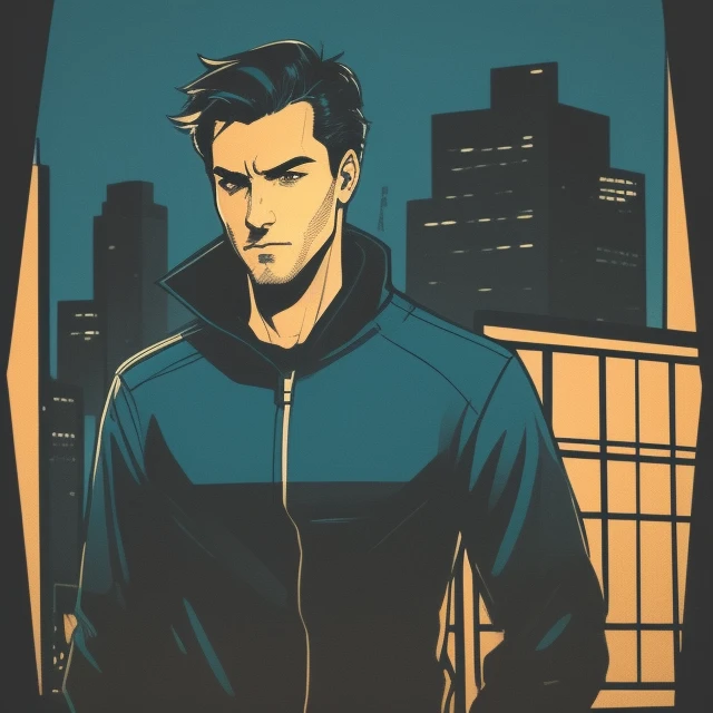 a man looking at camera, night, muted colors, ((comic book style)) illustration, cartoon, soothing tones, low saturation