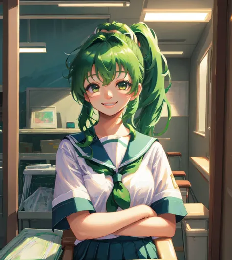 masterpiece, best quality, 1girl, green hair, classroom, light smile, school uniform, ponytail