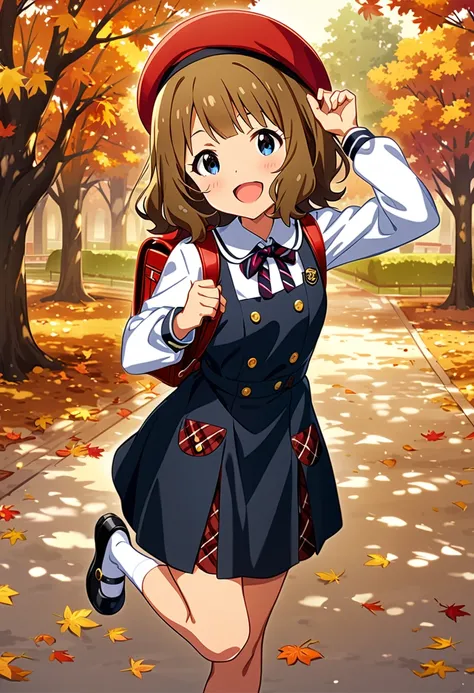 anime girl in school uniform walking down a path in a park