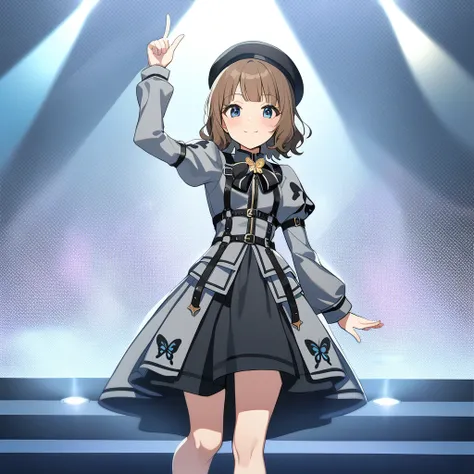 1girl, suou momoko, proud-of-stage, bowtie, grey dress, shoes, short hair, black bow, grey shirt, black footwear, hand up, wavy hair, black ribbon, blush, black neckwear, standing, feet out of frame, eyebrows visible through hair, stage lights, outstretche...