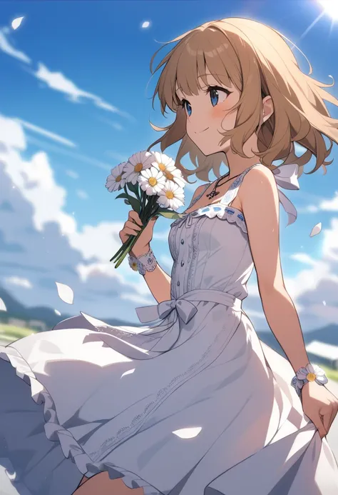 1girl, suou momoko, pure one-piece, blurry foreground, smile, cleavage, medium hair, holding flower, looking to the side, bare arms, blue eyes, blush, bare shoulders, sleeveless, day, brown hair, depth of field, frills, eyebrows visible through hair, cloud...