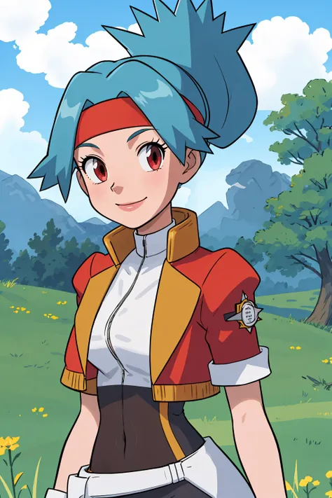 masterpiece, best quality,
1girl, solana, blue hair,  ponytail, brown eyes, belt, cropped jacket, headband, open jacket,red jacket,
upper body, smile, solo, looking at viewer, grass, blue sky, cloud, meadow background   <lora:Solana:1>