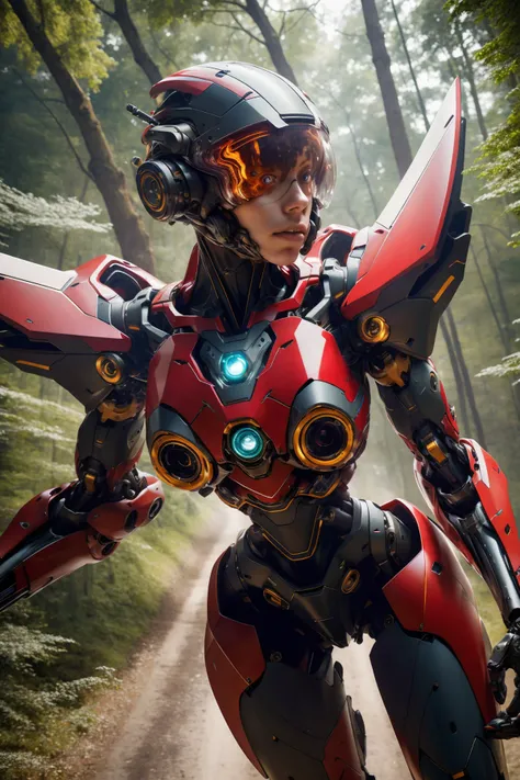 1girl cyborg, helmet, armor,  in the forest,   mecha,   robort 
 motion blur, winds , wind blown smokes, blood splashes 
science fiction, fire, wings, explosions, perspective,(( from above)), 
 (photorealistic) high contrast,  
   <lora:FINAL  Robort:0.8>