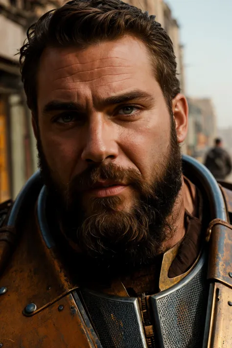 a close up of a man with a beard and a leather jacket