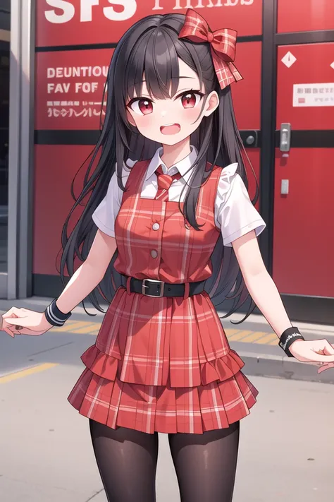 anime girl in red dress standing in front of a store