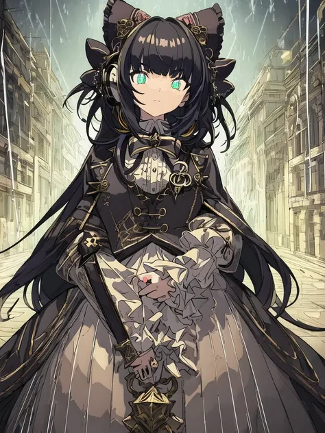 masterpiece,1girl,solo,incredibly absurdres,hoodie,headphones, street,outdoors,rain,neon lights, light smile, hood up, hands in pockets, looking away, from side,asymmetrical bangs, beautiful detailed eyes, eye shadow, huge clocks, glass strips, floating g...