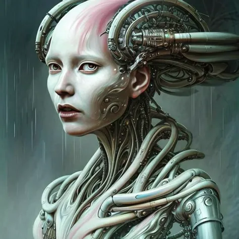 cyborgdiffusion, beautiful alien machine goddess of the rainstorms in white celtic robes by android jones alex grey m, c, escher...