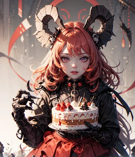 anime girl with red hair holding a cake with candles