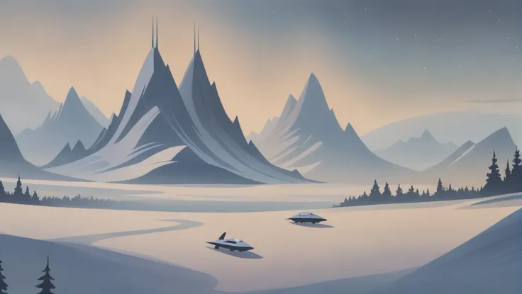 there is a painting of a snowy mountain scene with a boat