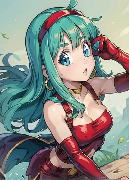 masterpiece, best quality, highest quality, perfect anatomy, perfect face, perfect eyes,
<lora:bradbgt_ex_02:0.9>, aqua hair, brabulladbgt, red hairband, red gloves, blue eyes, skirt, hoop earrings, choker, sexy pose
