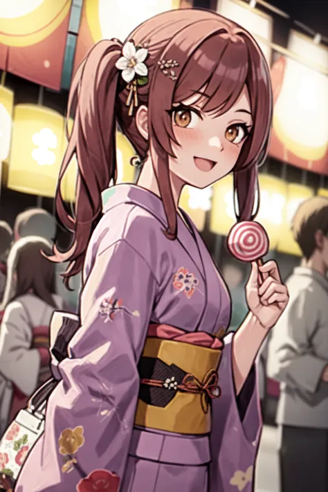 <lora:osaki amana:1>, osaki amana, 1girl, japanese clothes, kimono, solo, candy apple, food, smile, side ponytail, looking at vi...