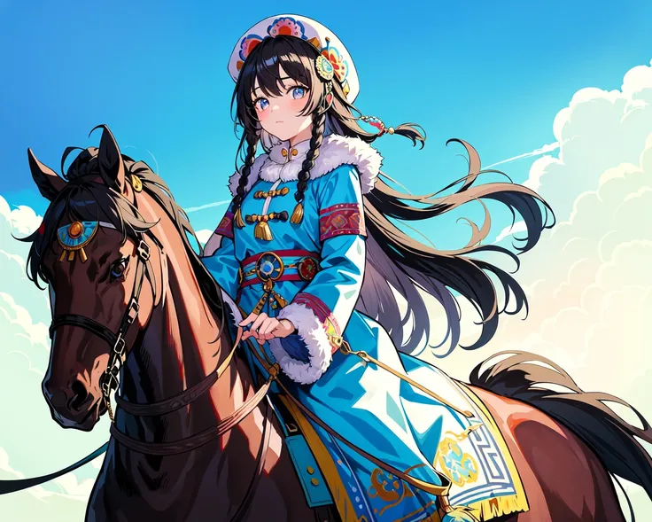 best quality, masterpiece, illustration, colorful, clear sky landscape, 1girl, riding horse, skinny, detailed thin messy hair braid, narrowed eyes, cute face, multicolored patterned traditional tibetan mongolian clothes dress coat, fur trim headwear, hair ...