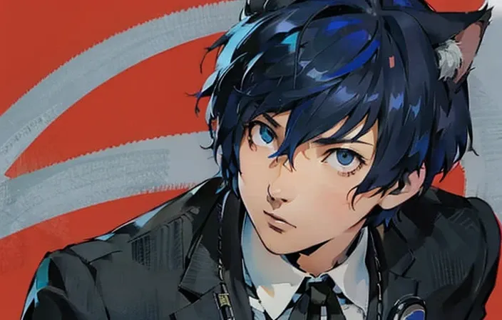 anime character with blue hair and black suit and tie