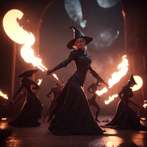 a woman in a witch costume holding torches in front of a group of witches