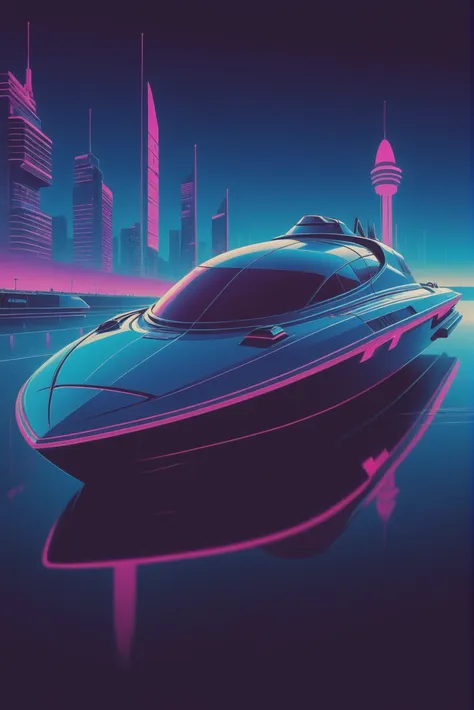 1980s synthwave cyberpunk, a sleek, maneuverable, alien, dark blue speedboat with a molecular rearranger<lora:envystarlightsynth...