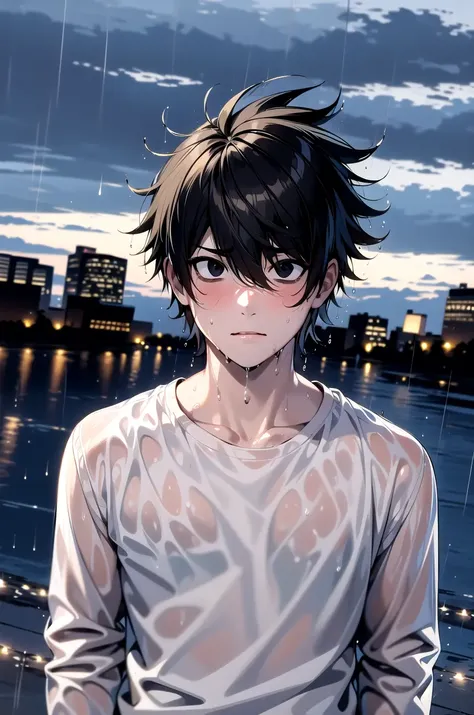 (masterpiece,best quality, detailed), 1boy, male focus,  outdoors, upper body, rain, cloudy sky, cityscape,
l lawliet, white shi...