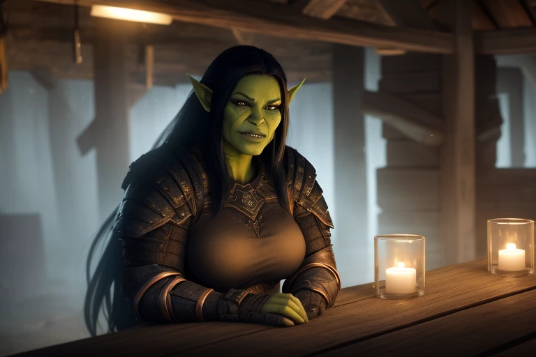 a female orc in a stable at night, volumetrics