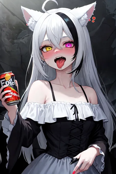 anime girl with cat ears holding a can of soda