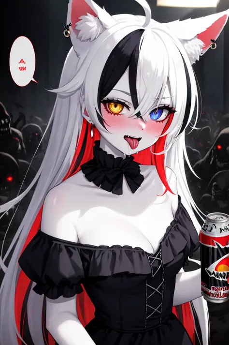 anime girl with cat ears and a black dress holding a can of soda