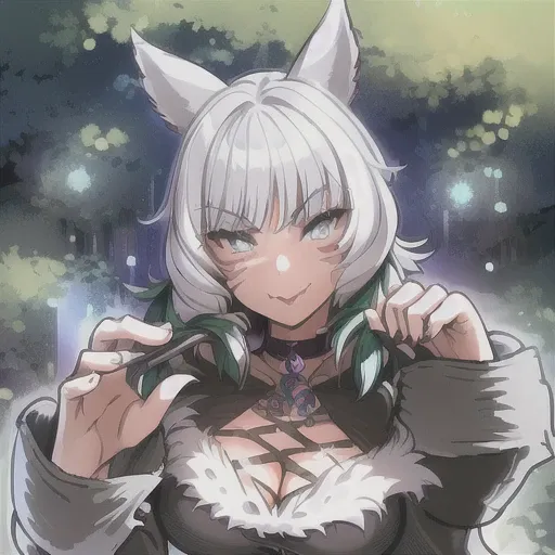 1girl, animal_ears, black_dress,cat_ears, cleavage, dress, facial_mark, feather_hair_ornament, feathersfur_trim, grey_eyes,looki...