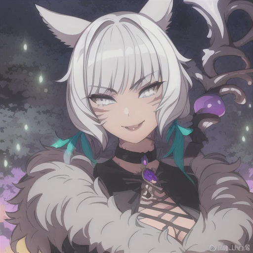 1girl, animal_ears, black_dress,cat_ears, cleavage, dress, facial_mark, feather_hair_ornament, feathersfur_trim, grey_eyes,looki...