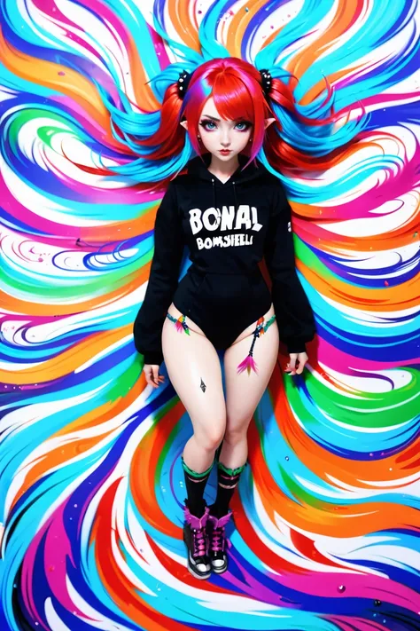 a woman with red hair and a black shirt laying on a colorful background