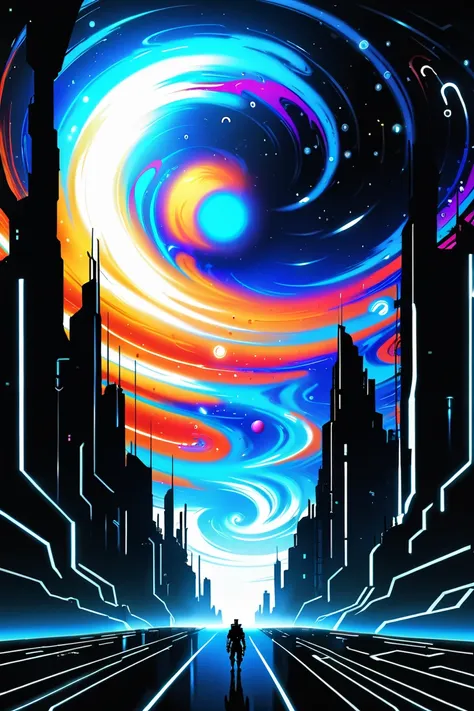 a man walking down a city street with a colorful swirl in the sky