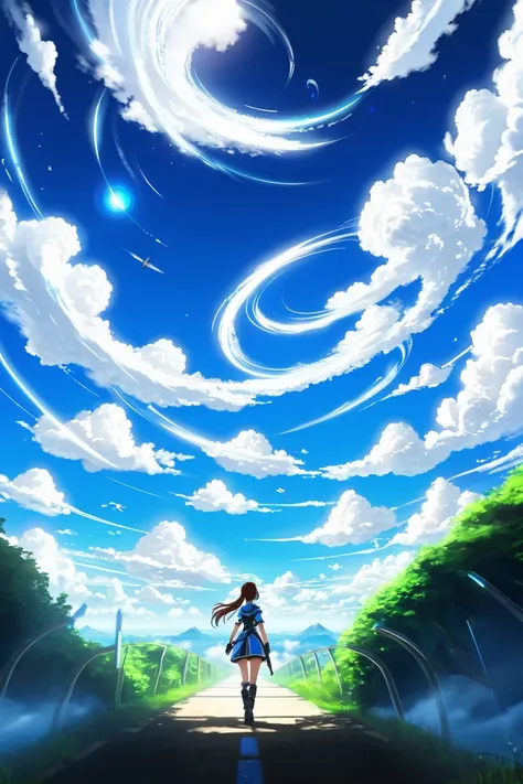 a woman walking down a road under a blue sky with clouds