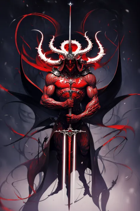 a painting of a demon holding a sword, huge horns, halo, stronger body, heavy metal, comic art, long black horns, apokalyptic, demons, two horns, imp  <lora:EvilM-01:1> <lora:add_detail:0.5>