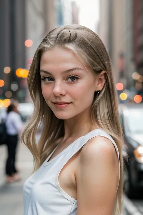 NinaSophiePersson, photography by (Rodney Smith:1.3), ((face focus, shoulders)), modelshoot, pose, (business dress, facing viewer, busy Manhattan sidewalk, looking at viewer, blurry background, bokeh, ID photo:1.3), grin