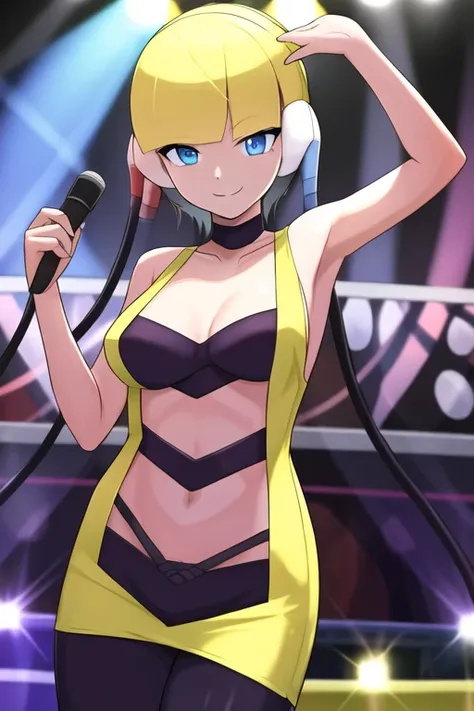 elesa \(blonde\), <lora:elesa blonde (pokemon):1> , smile, looking at viewer, stage, color lights, crowd