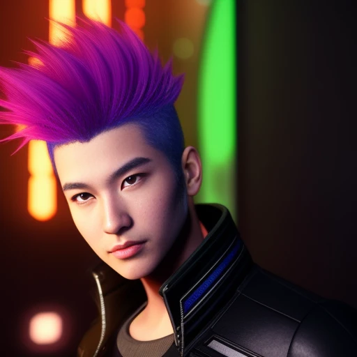 scifi, male_focus,asian-american,wild hair colors,portrait, trading card, virtual,  futuristic, punk, victorian, rim lighting,re...