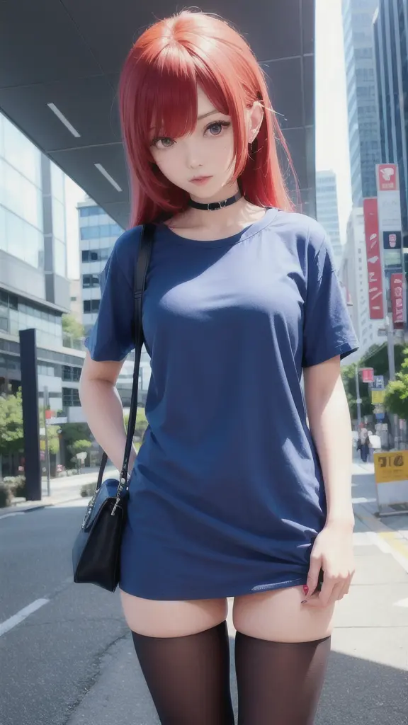 she,anime,style,blue shirt, cybercity backgroud,look at camara,red hair