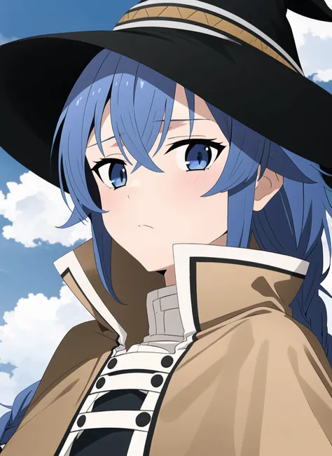 mushoku tensei style, roxy migurdia, 1girl, bangs, black headwear, blue background, blue eyes, blue hair, braid, brown cape, cape, close-up, floating hair, hair between eyes, hat, long hair, looking at viewer, portrait, solo, witch hat, ((masterpiece)), cl...