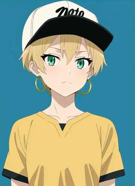 mushoku tensei style, anime coloring, parody, masterpiece, best quality, 1girl, aqua eyes, baseball cap, blonde hair, closed mouth, earrings, green background, hat, hoop earrings, jewelry, looking at viewer, shirt, short hair, simple background, solo, uppe...