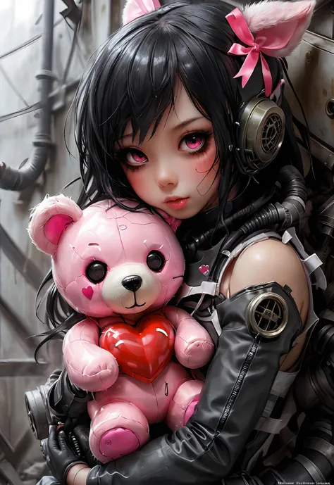 Darkness, horror, creepy, disease, mine - type, mass - produced type, gas mask, cross, ribbon, heart, slanted eyes, twintails, thick coating, black hair, pink eyes, hugging a teddy bear, art by hajime sorayama,  <lora:Dystopia:0.8>