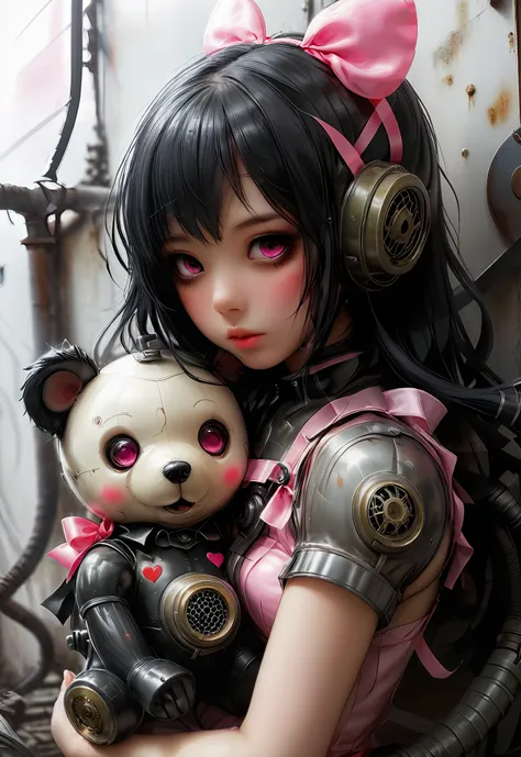 Darkness, horror, creepy, disease, mine - type, mass - produced type, gas mask, cross, ribbon, heart, slanted eyes, twintails, thick coating, black hair, pink eyes, hugging a teddy bear, art by hajime sorayama,  <lora:Dystopia:0.8>