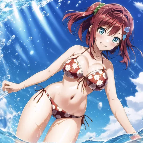(high quality, best quality), sakimiya iruka, swimsuit, <lyco:dolphin-000010:0.75>, 1girl, solo, ocean, smile, blush, wet, water_drops, water_splashing, light_rays