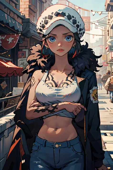 masterpiece,best quality,8k,highres,
1girl,femlaw, solo, looking at viewer,cleavage,tattoo,<lora:Trafalgar_lawV3-10:0.8>
<lora:envybetterhandsLocon_beta2:1>, midriff,coat on shoulders,jeans,fur trim,outdoors,